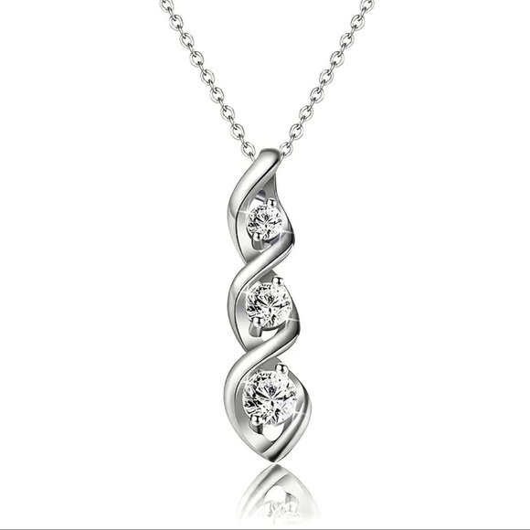 STERLING SILVER 3 STONE DROP PENDANT NECKLACE - Picture 2 of 4